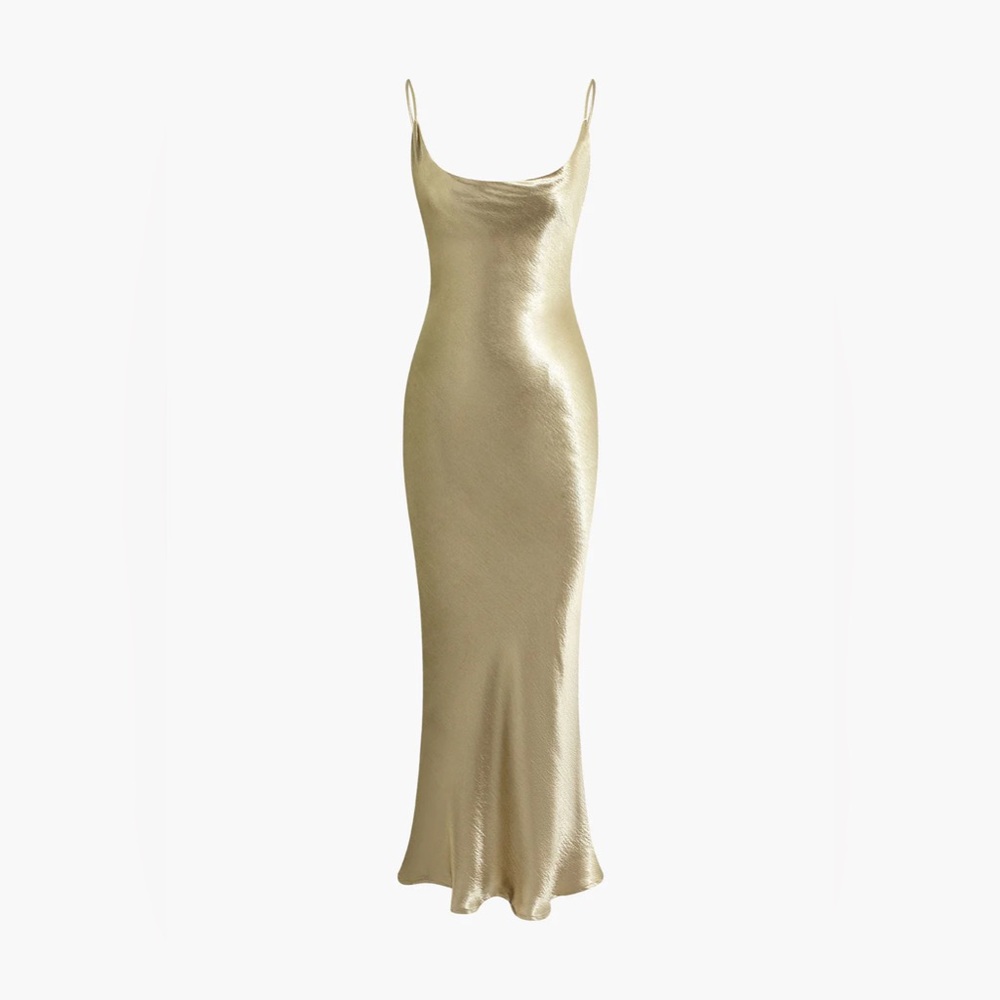 Micas Metallic Backless Slip Mermaid Cowl Neck Maxi Dress